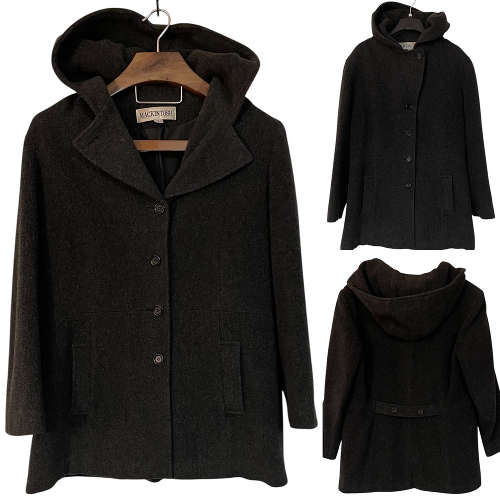 Vtg MACKINTOSH Womens Gray Wool Hooded Button Front Coat Academia Classic Cozy L